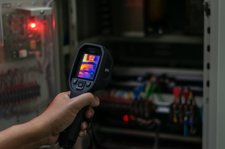 Electrician using a thermal infrared camera to scan an electrical system for preventive maintenance