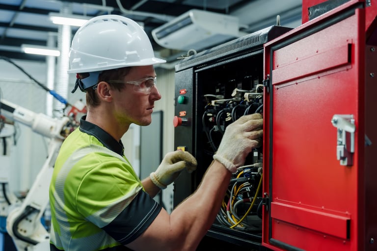 Engineer performing electrical inspection and maintenance on an industrial control cabinet