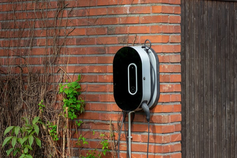 Wall-mounted electric vehicle charger installed on an exterior brick wall